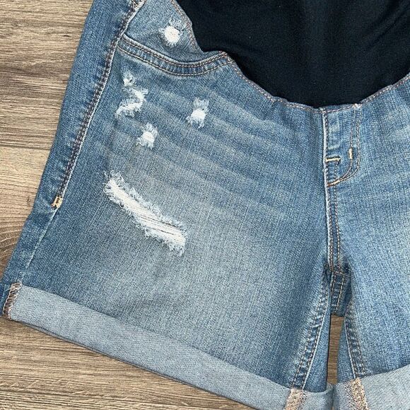 1822 Denim Maternity Shorts Size 4 Distressed Light Blue Belly Panel Roll Hem - Picture 7 of 11